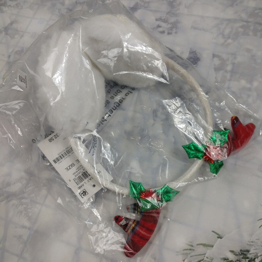 NWT Charter Club Holiday Lane Ivory Reindeer Plaid Antler Earmuffs - Picture 2 of 10